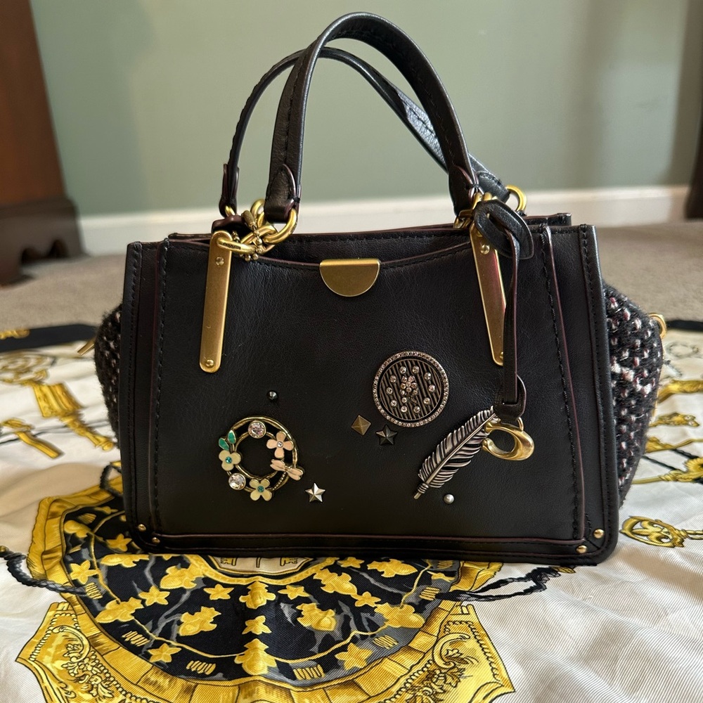 Rare COACH Dreamer 2WAY Shoulder Hand Bag Black Tweed Leather Studs